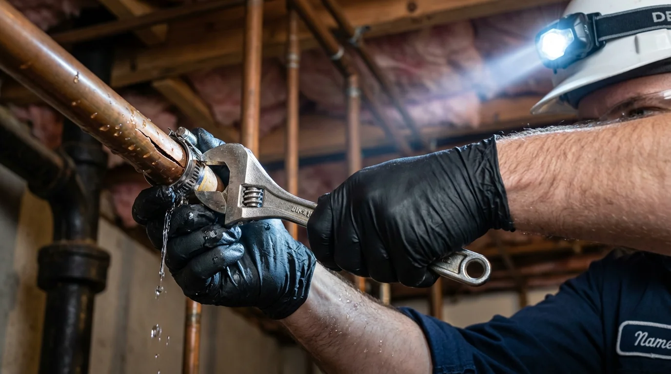 Emergency pipe clamp repair being performed by a Johns Plumbing LLC plumber in Freeport