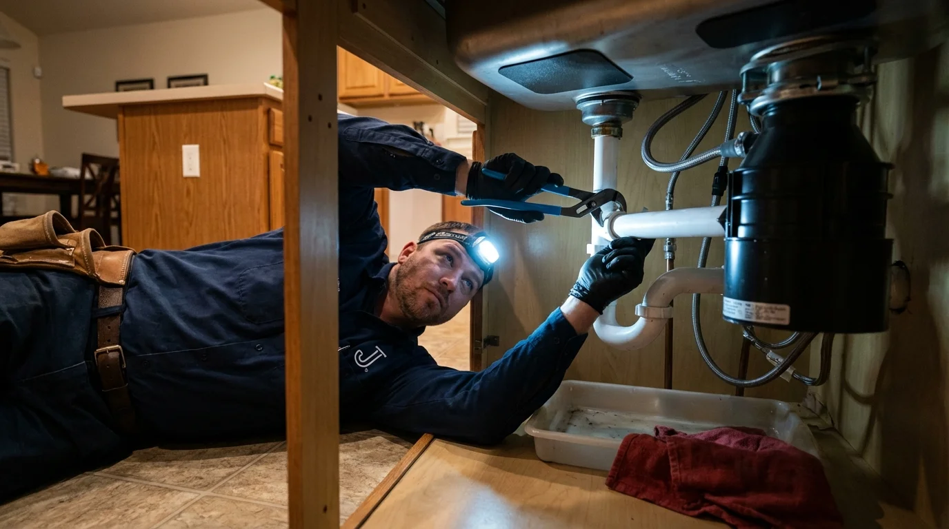 P-trap and supply line connections under a kitchen sink showing a common leak point in Freeport, PA